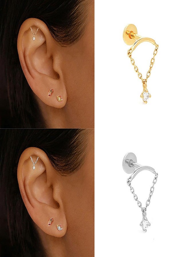 GLMOCM Hidden Helix Earring Dangle Threadless Flat Back Earrings Hypoallergenic Cartilage Earring Hidden Helix Piercing Earring Rhinestone Helix Piercing Jewelry (Silver) - Image 3